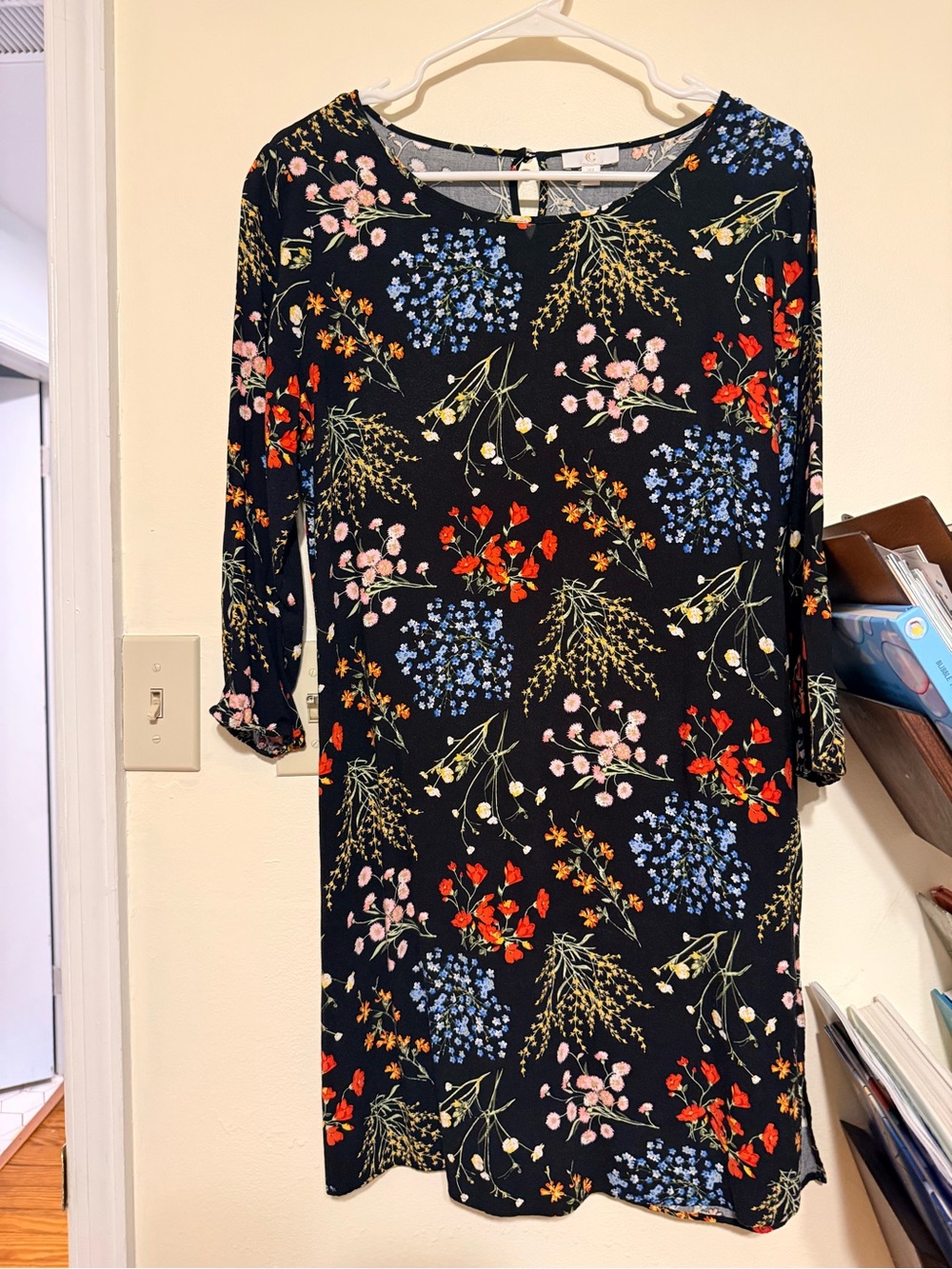 LOFT Black Floral Long-Sleeve Shift Dress